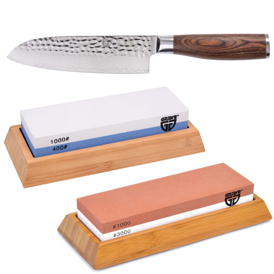 Damastmesser-Set mit Wetzstein