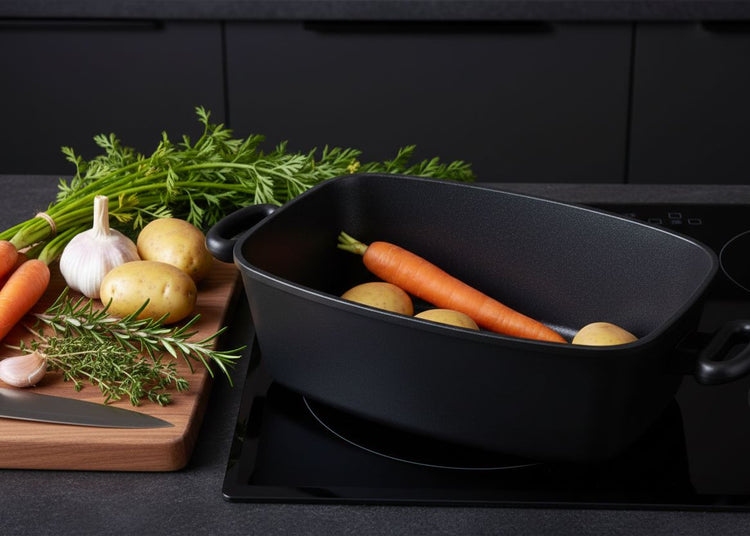Handgegossener Aluguss-Bräter von FAVORITE ohne Deckel auf dem Herd, befüllt mit rohem Gemüse wie Kartoffeln, Karotten und Kräutern, vorbereitet zum Schmoren.
