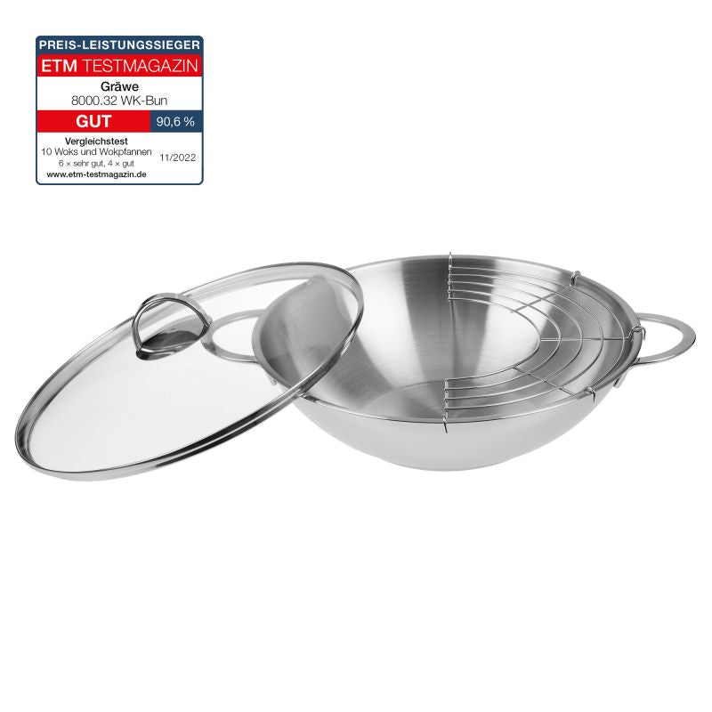 WOK 32cm mit Glasdeckel und Ablagegitter