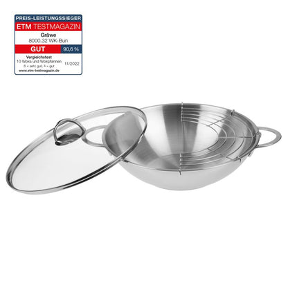 WOK 32cm mit Glasdeckel und Ablagegitter