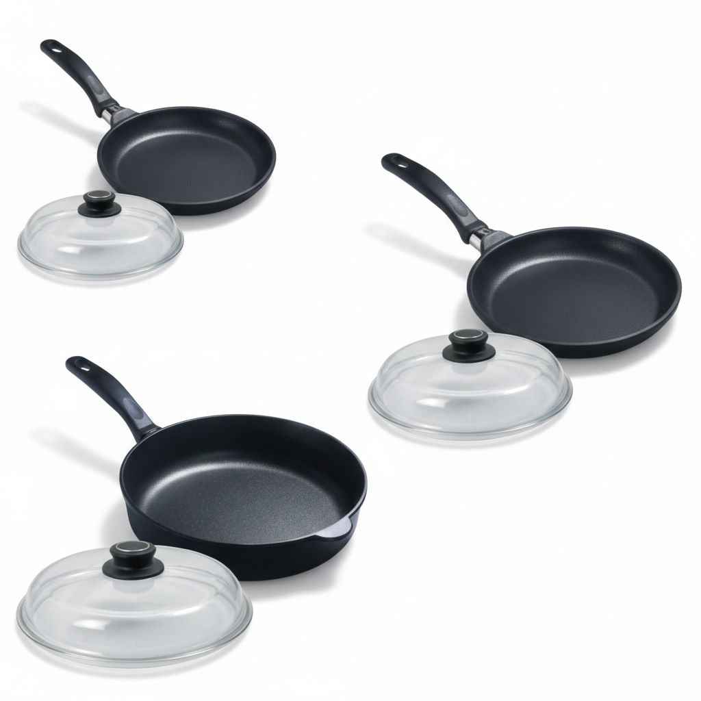 Premium Pfannen-Set 6+1-teilig incl. Glasdeckel und gratis Pfannenwender