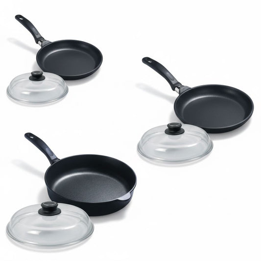 Premium Pfannen-Set 6+1-teilig incl. Glasdeckel und gratis Pfannenwender